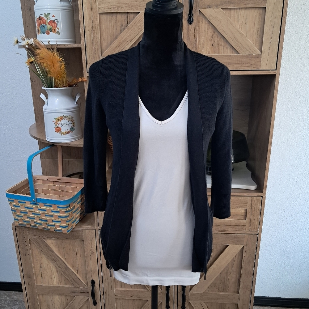 H By Halston Black Open Front Knit Cardigan Sweater Side Zip 3/4 Sleeve